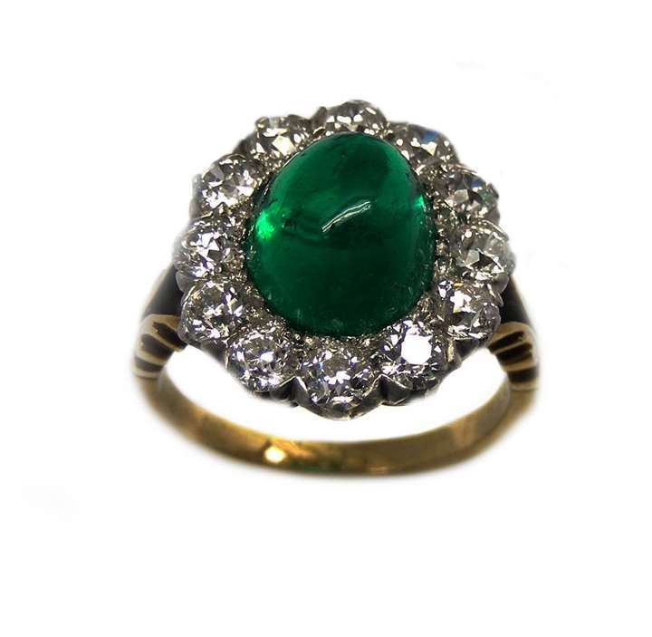 Antique cabochon emerald and diamond cluster ring